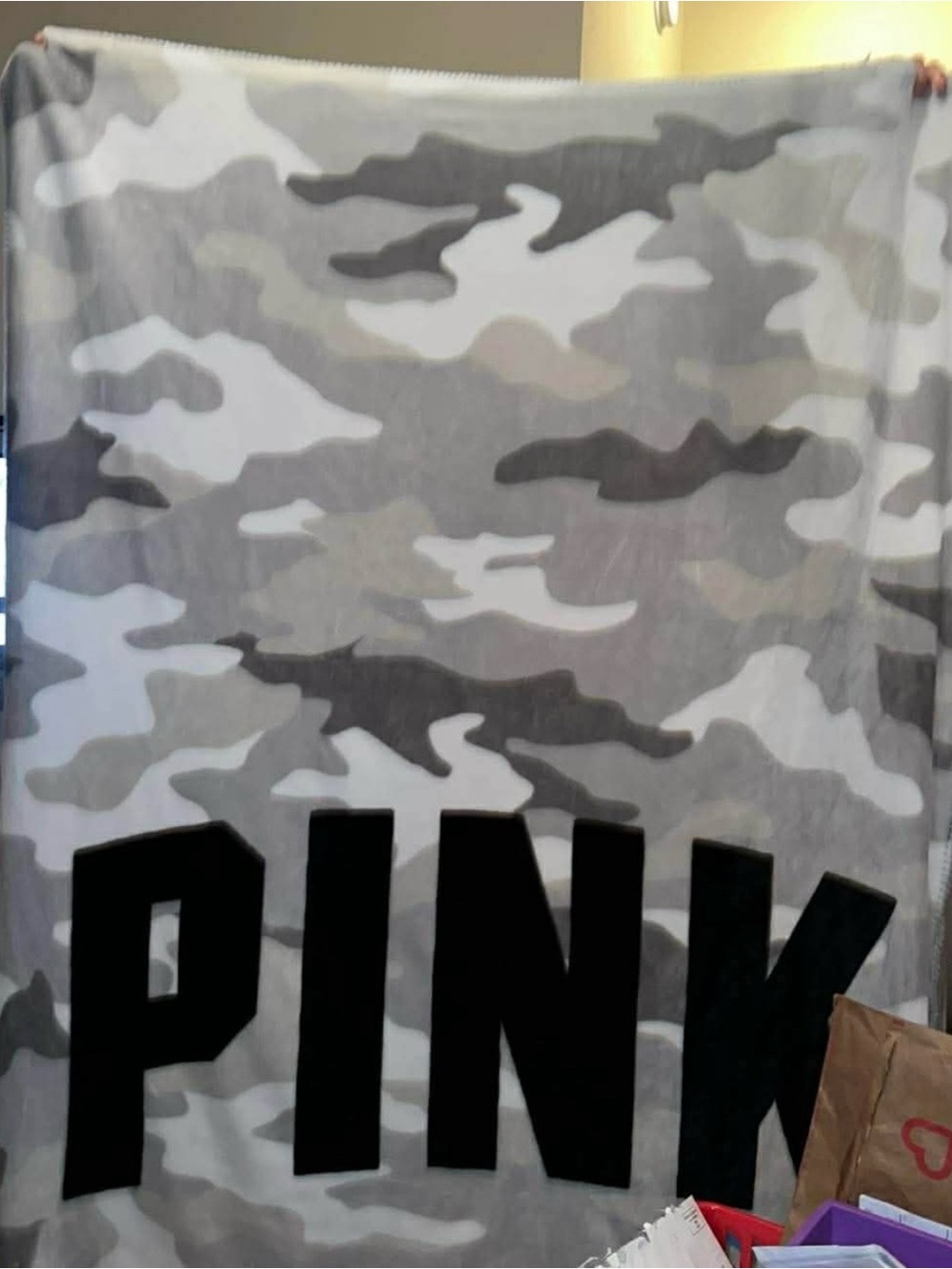 PINK Victoria's Secret Gray Camo Fleece Blanket with Black Logo